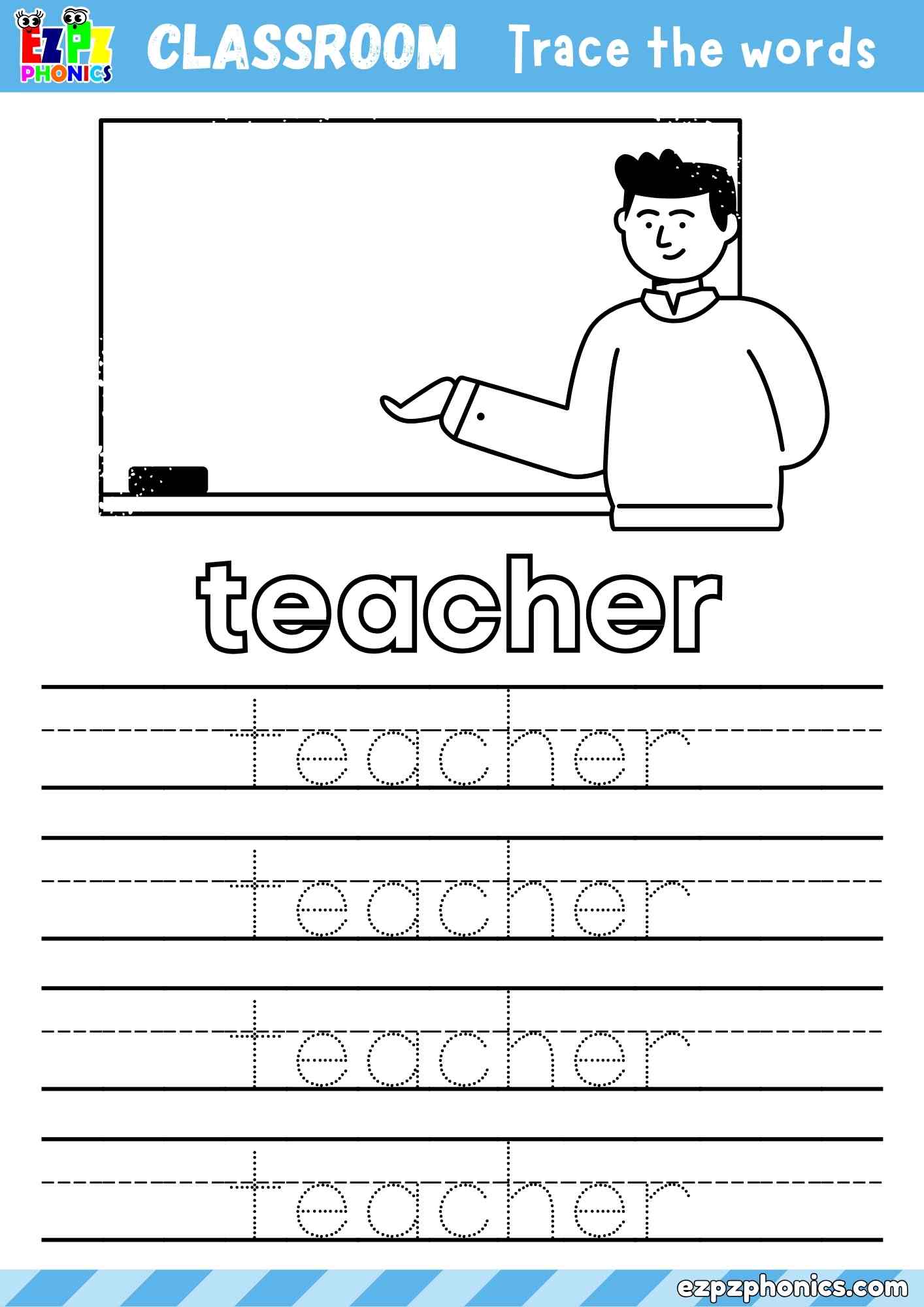 Teacher Classroom Objects Vocabulary Word Tracing Activity Color
